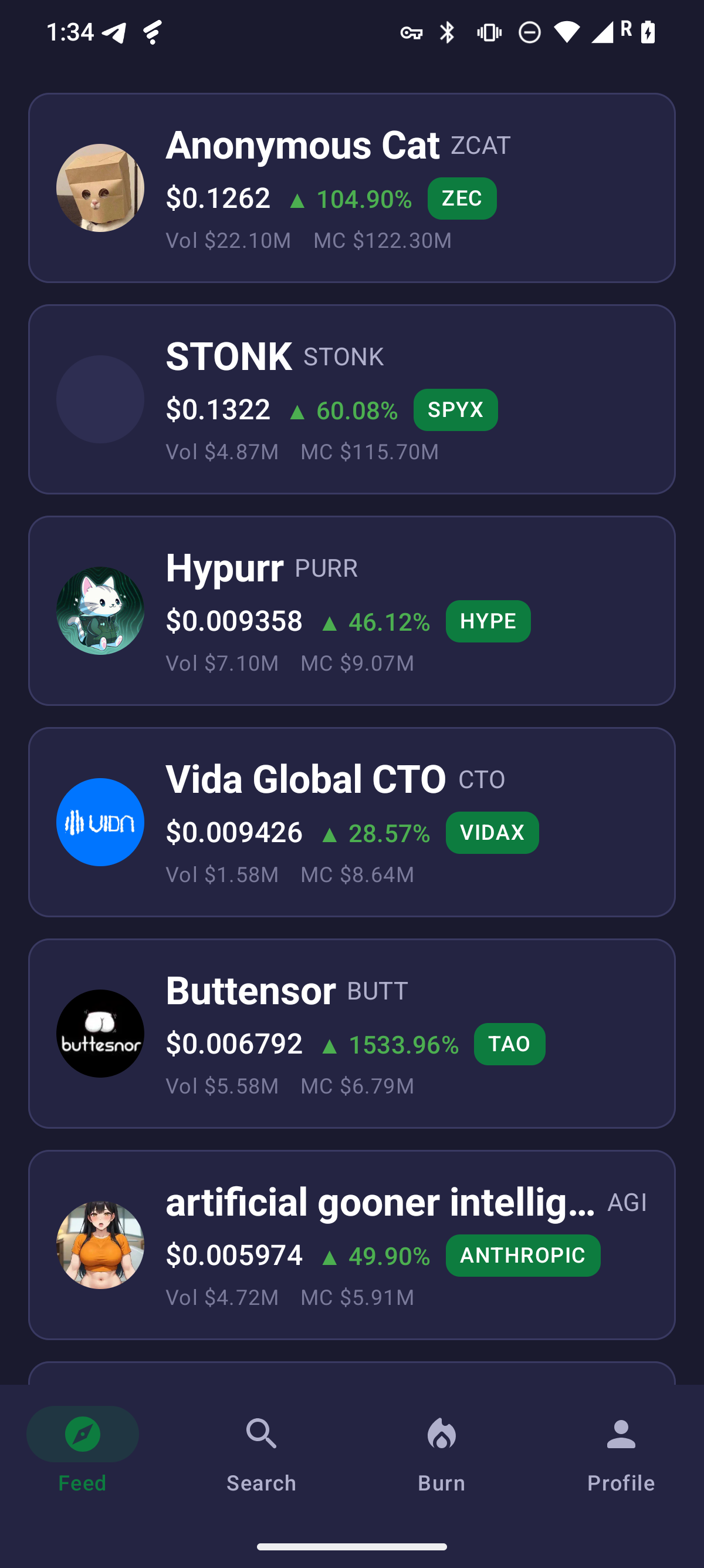 Feed screen showing StonkFun token list