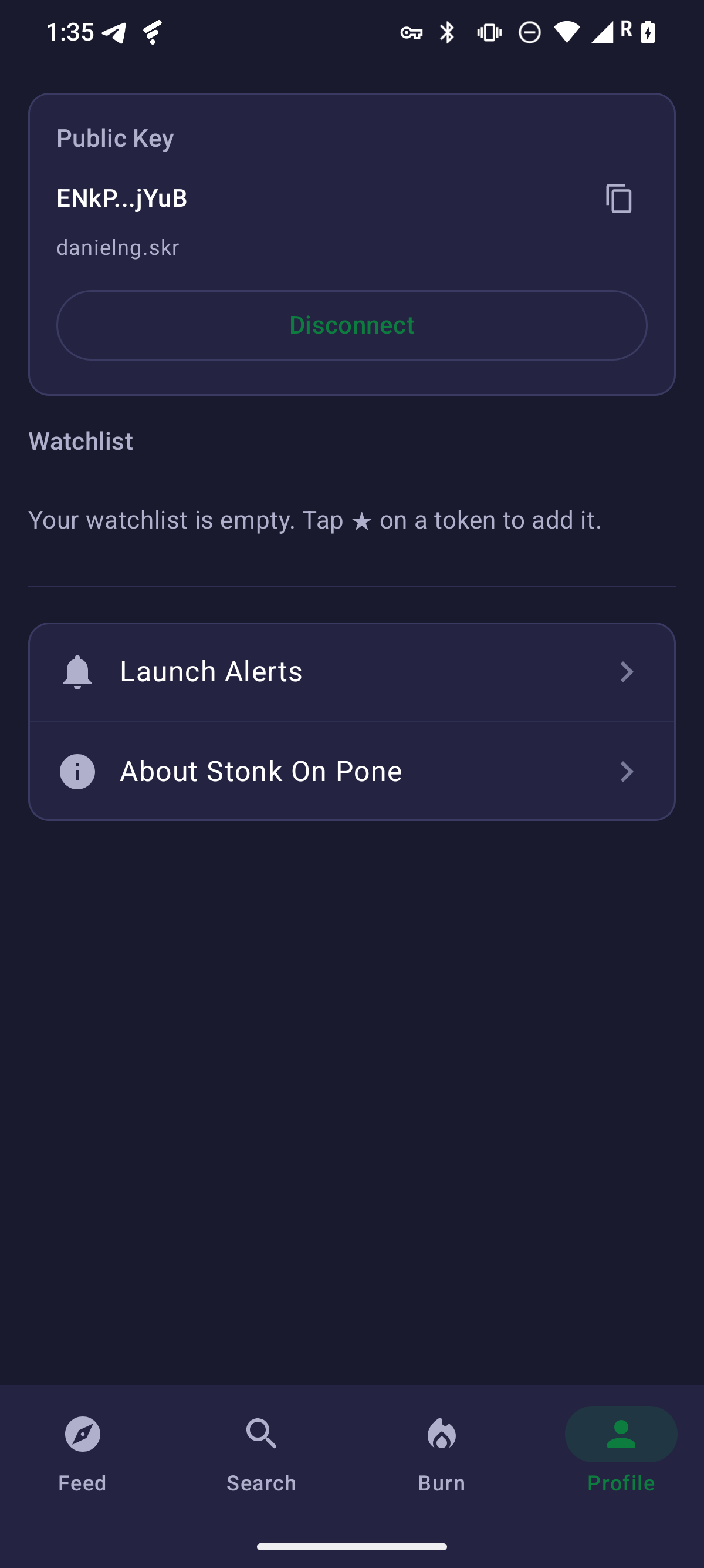 Profile screen with wallet connect and watchlist